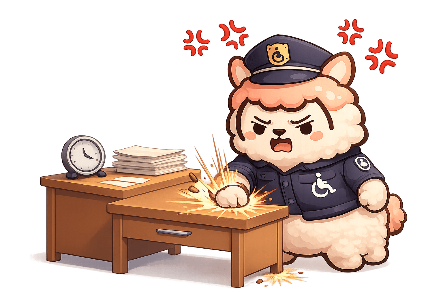 Officer Fuzzability slamming desk with determination